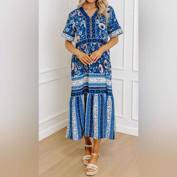 Sunday Blue and Pink Patterned Maxi Dress Size Large - Picture 1 of 15